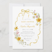 バターイエローワイルドフラワーコケット弓ベビーシャワー 招待状 (正面)