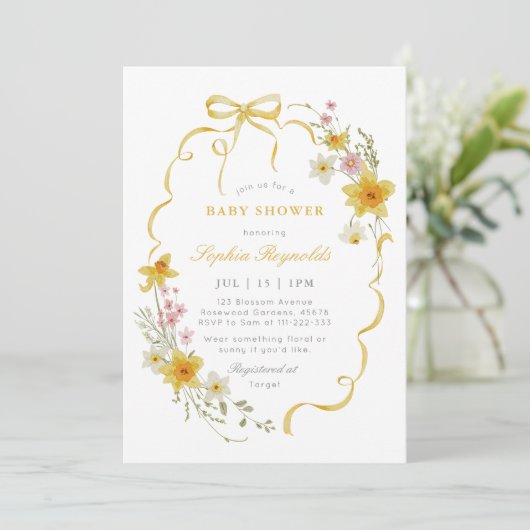 バターイエローワイルドフラワーコケット弓ベビーシャワー 招待状 (スタンド正面)