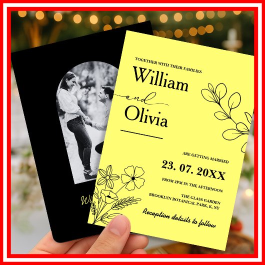バターイエローワイルドフラワー結婚の写真 招待状