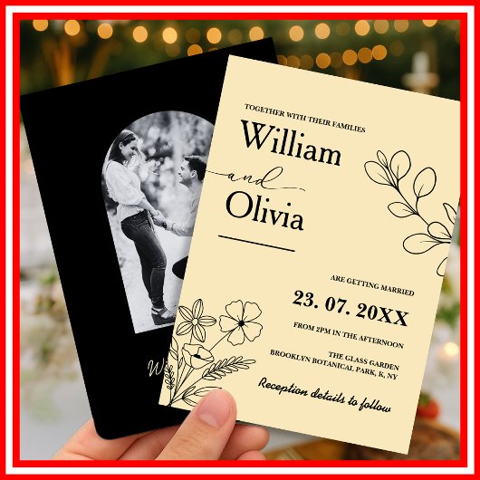 バターイエローワイルドフラワー結婚の写真 招待状