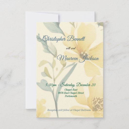 バターイエロー淡い色のブルーフローラ水彩 出欠カード (正面)