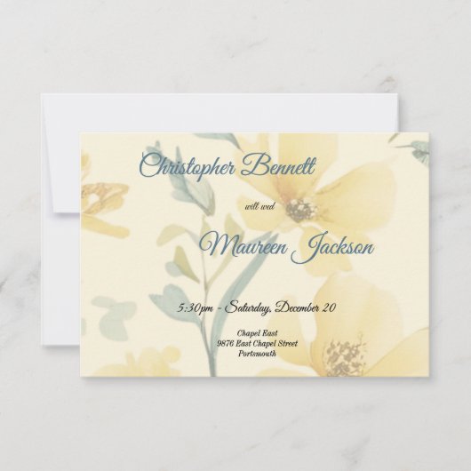 バターイエロー淡い色のブルーフローラ水彩 出欠カード (正面)