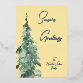 バターイエロー&グリーンウォーター色クリスマスツリー 箔シーズンカード (正面)