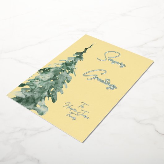 バターイエロー&グリーンウォーター色クリスマスツリー 箔シーズンカード (回転した状態)