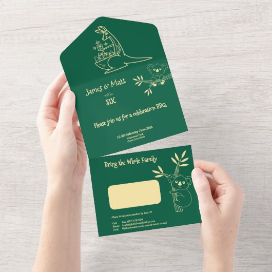 バターイエロー&グリーンオーストラリア動物誕生日 オールインワン招待状 (貼ってはがせる)