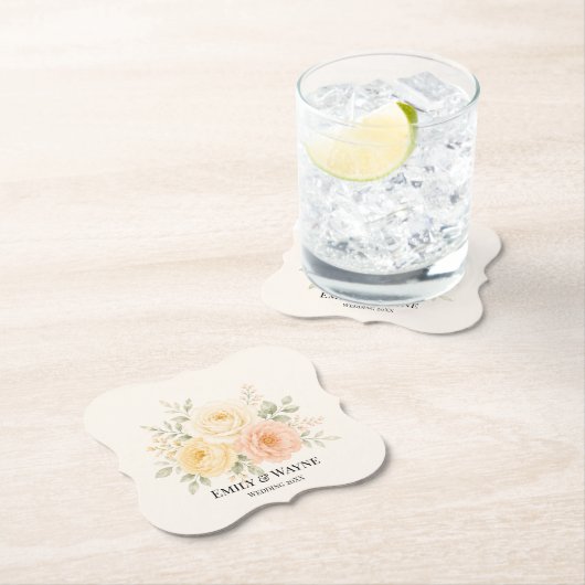 バターイエロー+ピーチ+アイボリーのフラワーの結婚式  ペーパーコースター (インサイチュ)
