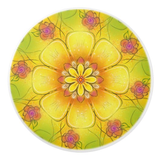 バターカップとバラセラミックキャビネットノブ セラミックノブ (正面)