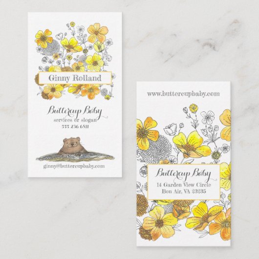 バターカップと愛らしいグラウンドホッグイエローフローラ 名刺 (正面/裏面)