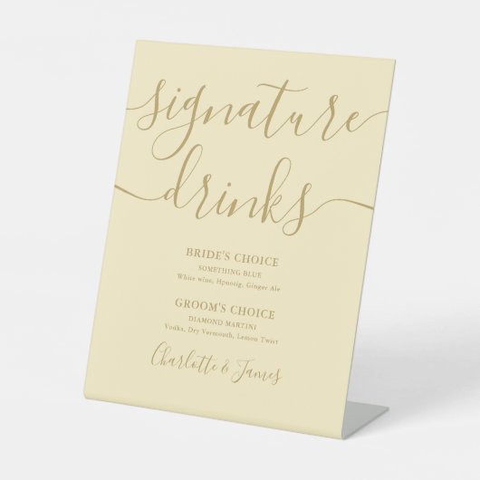バターカップイエローとゴールドのウェディングシグネチャードリンク 台座サイン (正面)