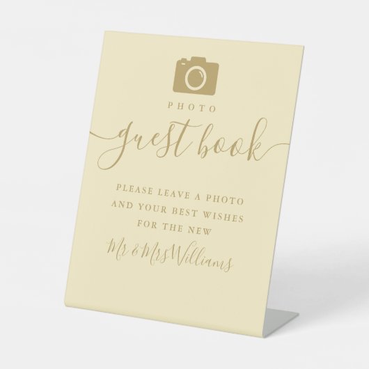 バターカップイエローと金ゴールドスクリプト写真ゲストブック 台座サイン (正面)