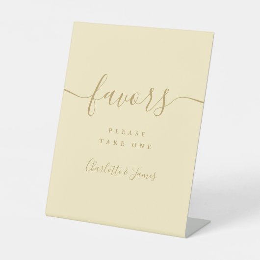 バターカップイエローと金ゴールド結婚式の引き出物テーブル 台座サイン (正面)