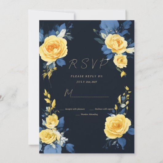 バターカップイエローネイビーブルーボーホフローラRSVP 招待状 (正面)