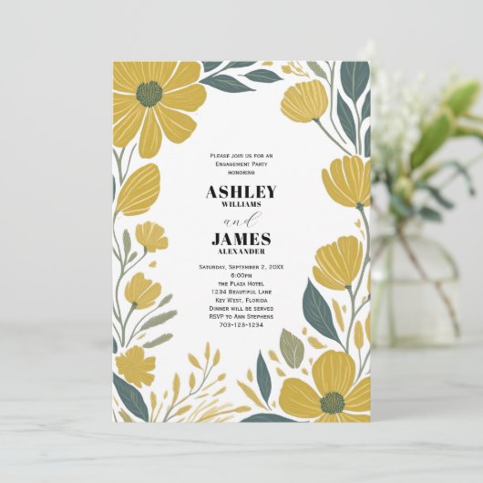 バターカップイエローモダンフローラ婚約パーティ 招待状 (スタンド正面)