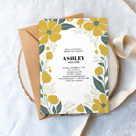 バターカップイエローモダンフローラ誕生日パーティー 招待状