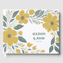 バターカップイエロー金ゴールドモダンフローラ結婚ズ ゲストブック