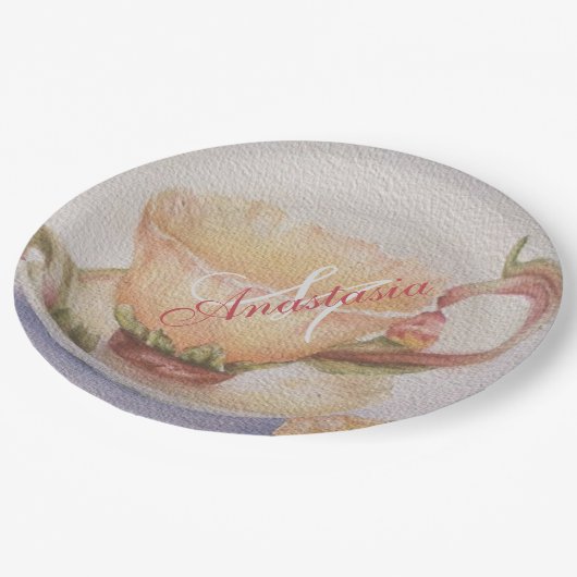 バターカップティーカップモノグラムパーティー ペーパープレート (アングル)