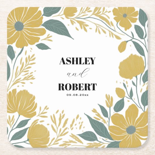 バターカップ黄モダンフローラ結婚ズ スクエアペーパーコースター (正面)