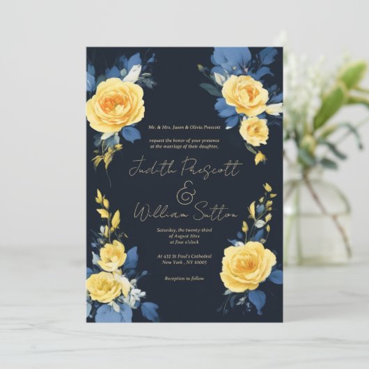 バターカップ黄色のネイビーブルーボー結婚フローラ 招待状 (スタンド正面)