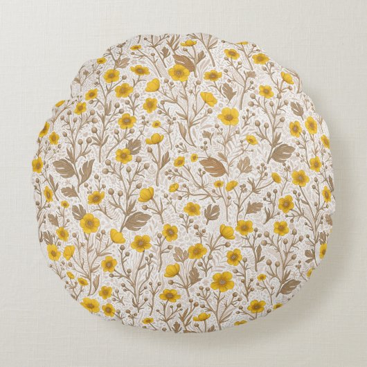 バターカップ、黄色と茶色 ラウンドクッション (正面)