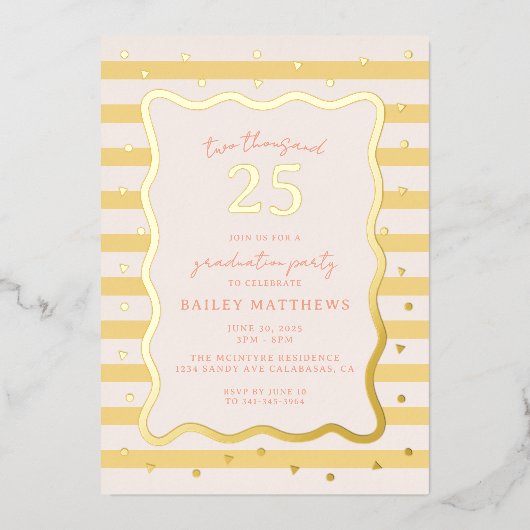 バターカバナおもしろいイエロー卒業パーティー 箔招待状 (正面)