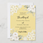 バタークリームイエローの白いバラのレースのウェディング 招待状 (正面)