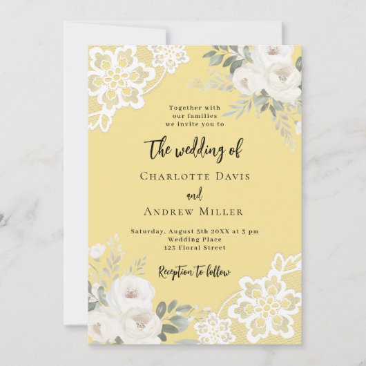 バタークリームイエローホワイトローズ結婚レース 招待状 (正面)