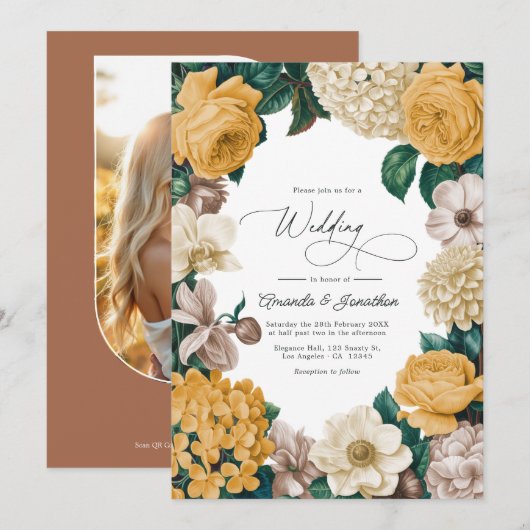 バタークリーム、ソフトマリゴールド＆ブラッシュトープのウェディング 招待状 (正面/裏面)