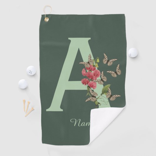 バターフライズスイートピーモノグラムイニシャルAユアネーム ゴルフタオル (インサイチュ)