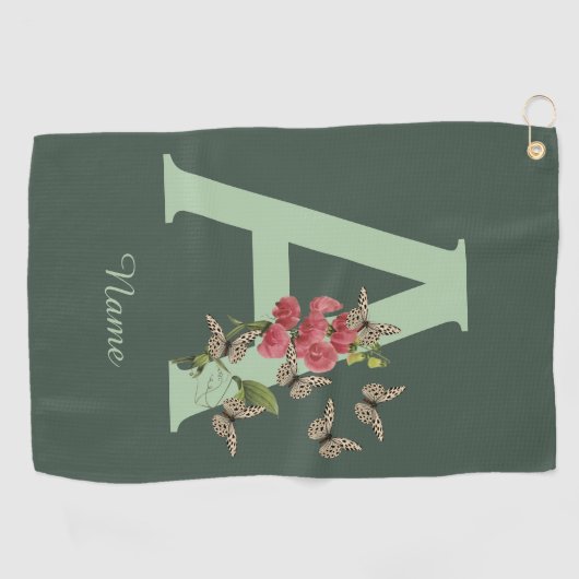 バターフライズスイートピーモノグラムイニシャルAユアネーム ゴルフタオル (横)