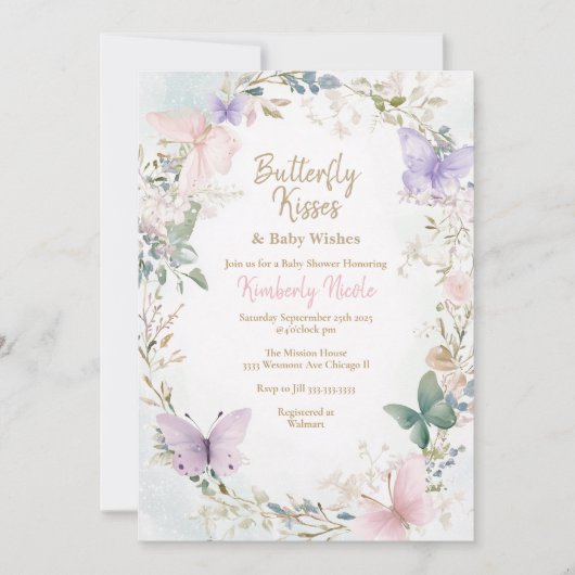 バターベビーピンク蝶の赤ちゃんシャワー 招待状 (正面)