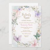 バターベビーピンク蝶の赤ちゃんシャワー 招待状 (正面/裏面)
