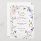 バターベビー紫の蝶の赤ちゃんシャワー 招待状 (正面/裏面)