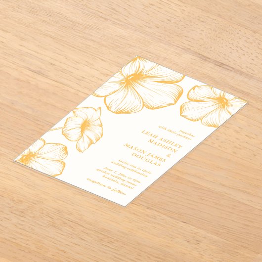 バターモダンイエローフローラエレガントな結婚式 アクリル招待状 (レイダウン)