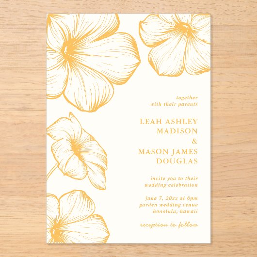 バターモダンイエローフローラエレガントな結婚式 アクリル招待状 (正面)