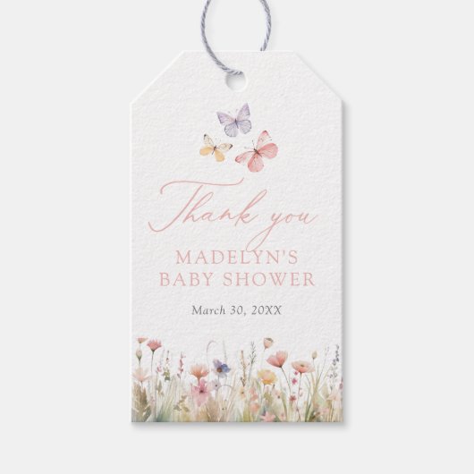 バターリーワイルドフラワーベビーシャワーメッセージカード ギフトタグ (正面)