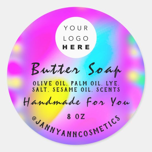 バター石鹸化粧品ロゴホログラフホットピンク ラウンドシール (正面)
