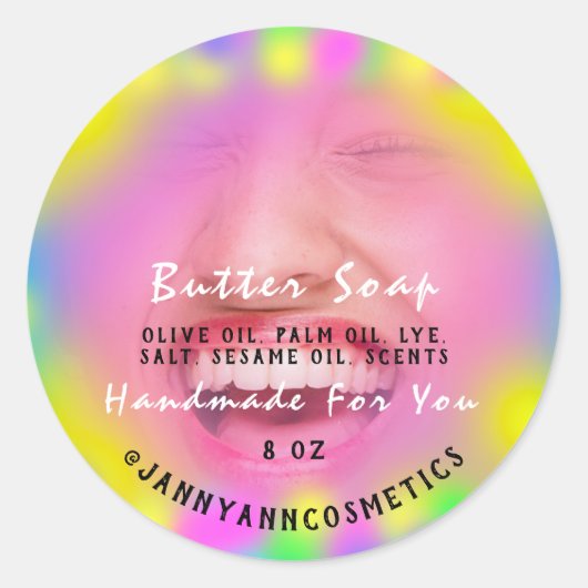 バター石鹸化粧品写真ピンクホログラフスマイル ラウンドシール (正面)