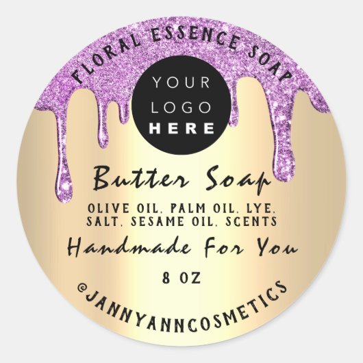 バター石鹸化粧品手作りパープルドリップ金ゴールド ラウンドシール (正面)