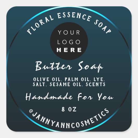 バター石鹸化粧品手作りロゴティール（緑がかった色）ブルー スクエアシール (正面)
