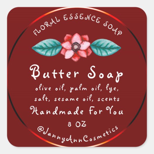 バター石鹸化粧品手作りロゴブルゴーニュ花 スクエアシール (正面)