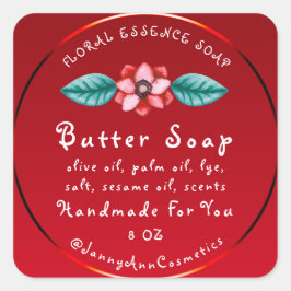 バター石鹸化粧品手作りロゴレッドフローラ スクエアシール