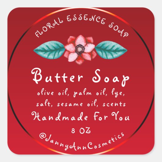 バター石鹸化粧品手作りロゴレッドフローラ スクエアシール (正面)