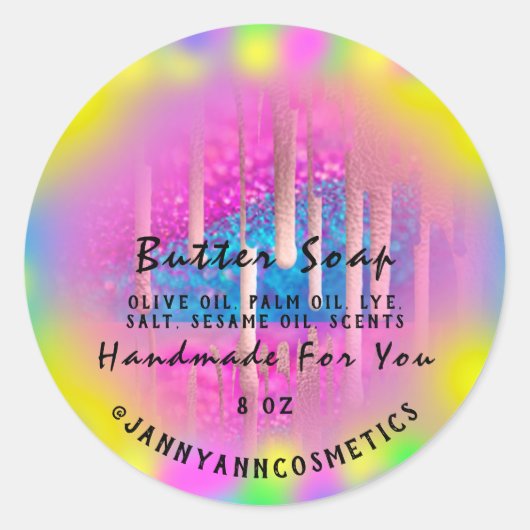 バター石鹸化粧品熱ピンクホログラフィードリップ ラウンドシール (正面)