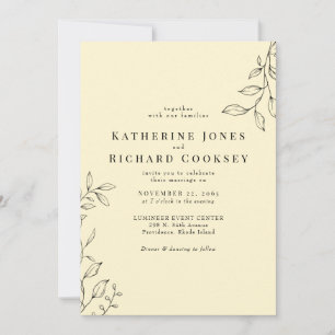 バター色モダン黄色のシンプル葉の結婚 招待状