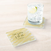 バター黄色のパステル結婚カップル名の名前のル ガラスコースター (アングル)