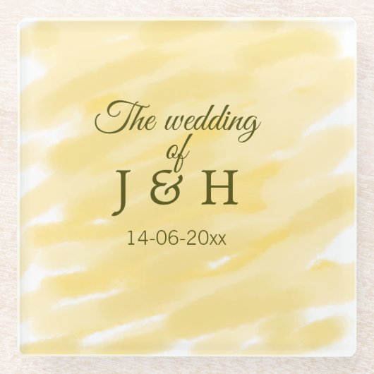 バター黄色のパステル結婚カップル名の名前のル ガラスコースター (正面)