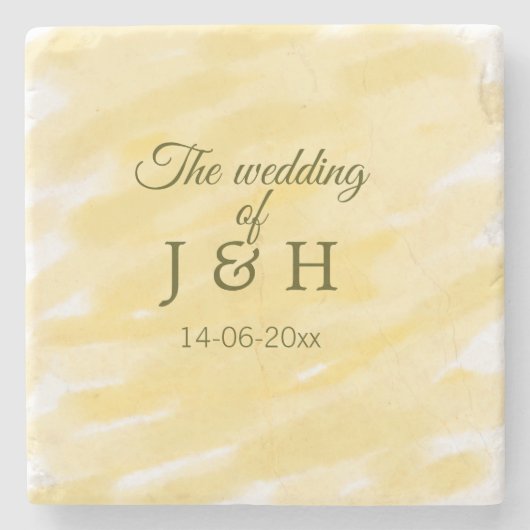 バター黄色のパステル結婚カップル名の名前のル ストーンコースター (正面)