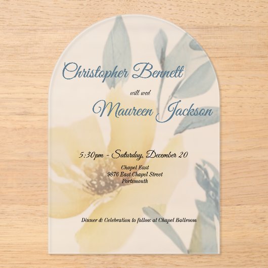 バタ淡い色のーイエローソフトブルーフローラ結婚ズ アクリル招待状 (正面)