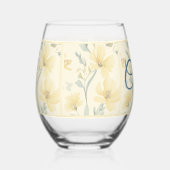 バタ淡い色のーイエローソフトブルーフローラ結婚ズ ステムなしワイングラス (正面)