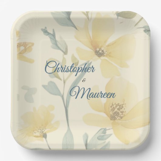 バタ淡い色のーイエローソフトブルーフローラ結婚ズ ペーパープレート (正面)